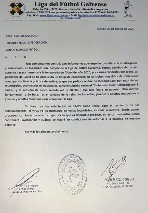 Liga Galvense notificó a la Federación Santafesina, su decisión de dar por terminados los torneos 2020